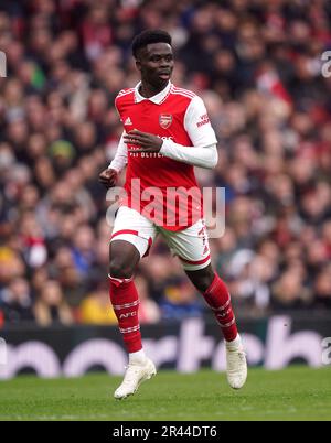 Aktenfoto von 01-04-2023 von Arsenals Bukayo Saka. Ein weiterer wichtiger Spieler in Arsenals Aufstieg an die Spitze des Tisches, der sie auf den Kurs für einen ersten Titel seit der „Invincibles“-Kampagne 2003-04 setzte. Ausgabedatum: Freitag, 26. Mai 2023. Stockfoto