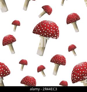 Herbst Aquarell Fly Agaric isoliertes nahtloses Muster auf weißem Hintergrund. Saisonale Herbstelemente. Thanksgiving, Halloween-Illustration für Designe Stockfoto