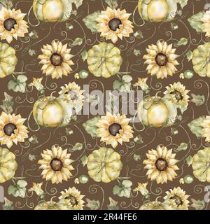 Wasserfarbenes, handgezogenes Kürbis- und Sonnenblumenmuster. Herbstblumen wiederholen Papier. Wunderschöner Textildruck Stockfoto