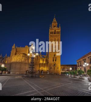 Kathedrale von Sevilla am Plaza Virgen de Los Reyes bei Nacht - Sevilla, Andalusien, Spanien Stockfoto