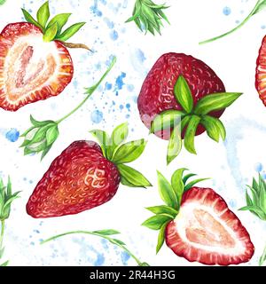 Nahtloses Muster reifer, saftiger, roter Erdbeeren mit blauen Spritzern. Aquarelldarstellung isoliert auf weißem Hintergrund. Die Anwendung wurde entwickelt Stockfoto