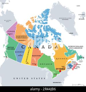 Kanada, Verwaltungsabteilungen, farbige politische Karte. Zehn Provinzen und drei Territorien Kanadas mit Grenzen und Hauptstädten. Stockfoto