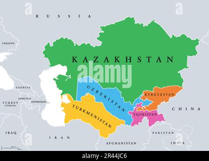 Zentralasien oder Mittelasien, farbige politische Karte. Region Asien vom Kaspischen Meer bis Westchina und von Russland bis Afghanistan. Stockfoto