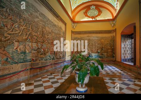 Wandteppiche Halle (Salon de los Tapices) in Alcazar (Königlicher Palast von Sevilla) - Sevilla, Andalusien, Spanien Stockfoto