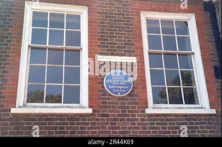 Eine blaue Tafel zu Ehren einer indischen Suffragettenprinzessin, die in ihrem ehemaligen Londoner Zuhause enthüllt wurde. Prinzessin Sophia Duleep Singh, Tochter des letzten Herrschers des Sikh-Imperiums, Patentochter von Königin Victoria und Wahlkämpferin für die weibliche Wahlbeteiligung, wurde vom English Heritage im Faraday House, Hampton Court, geehrt. Foto: Freitag, 26. Mai 2023. Stockfoto