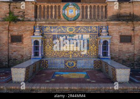 Nische mit Bank und Fliesen, die Vizcaya Provinz - Sevilla, Andalusien, Spanien repräsentieren Stockfoto