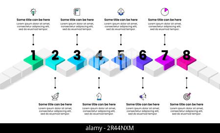 Infografik-Vorlage mit Symbolen und 8 Optionen oder Schritten. Isometrischer Pfad. Kann für Workflow-Layout, Diagramm, Banner, webdesign verwendet werden. Vector Illustrati Stock Vektor