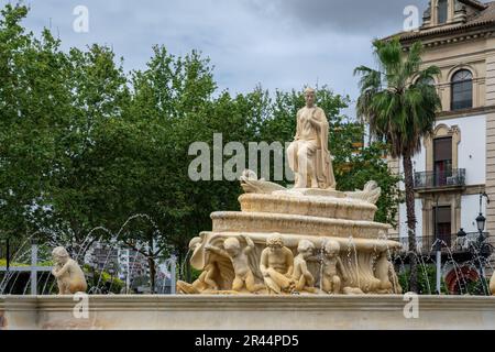 Hispalis-Brunnen am Puerta de Jerez Square - Sevilla, Andalusien, Spanien Stockfoto