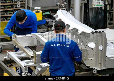 Renault Alpine Factory in Dieppe (Nordfrankreich), umbenannt in Manufacture Alpine Dieppe Jean Redele: Alpine A110 Production Line Stockfoto