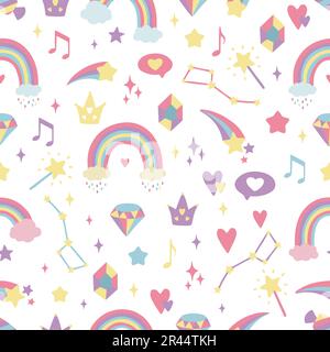 Nahtloser Hintergrund mit Herzen, Regenbögen, Sternen, Diamanten, Kronen. Kreativer Hintergrund für das Kinderzimmer. Perfekt für Design, Material und Verpackung für Kinder Stock Vektor