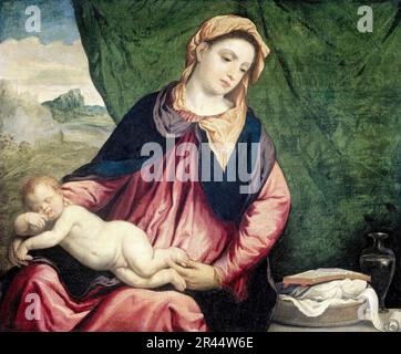 Paris Bordone, Madonna mit schlafendem Kind, Gemälde 1540-1560 Stockfoto