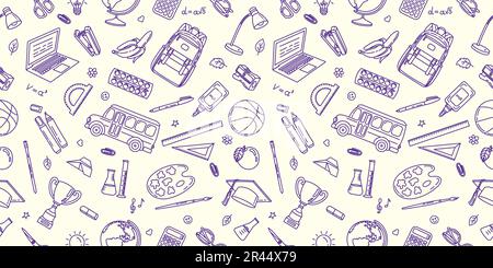 Nahtloses Muster von Schulbedarf im Doodle-Stil. Vektorhandgemalte Muster zum Schulthema Stock Vektor