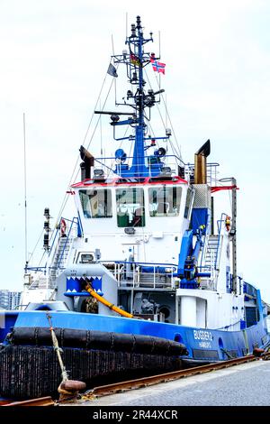 Stavanger, Rogaland, Norwegen, Mai 19 2023, Blue Work oder Tug Boat Schiff hat Stavanger Hafen ohne Leute festgemacht Stockfoto