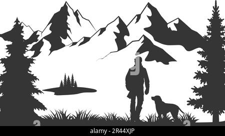 Der Jäger hält eine Schrotflinte. Jäger mit einem Hund in der Natur. Berge, Wald. Vektordarstellung.Skizze mit schwarzer Linie. Jägerausmalung. Stock Vektor