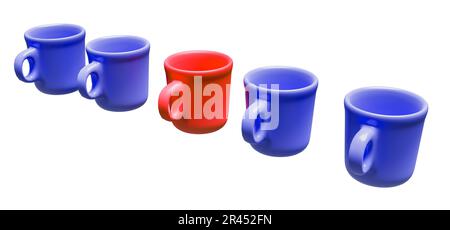 Eine einzelne rote Tasse mit anderen blauen Tassen, isoliert auf weißem Hintergrund. Geschäftskonzept. Stockfoto