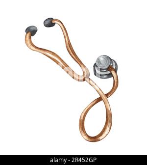 Aquarelldarstellung eines Stethoskops. Ein einzelnes Objekt, Draufsicht. Medizinische Clipart. Stockfoto