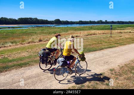 La Possoniere (Nordwestfrankreich): Fahrradtour entlang des Ufers der Loire auf der EuroVelo 6 (EV6) Langstreckenradroute Stockfoto