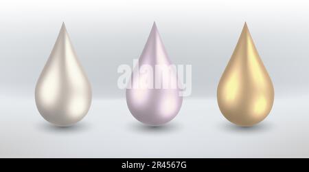 Tropfen leicht glänzender Creme in mehreren Farbtönen. Realistischer Tropfen flüssiger oder geschmolzener Stähle wie Goldsilber. 3D-Vektordarstellung. Stock Vektor