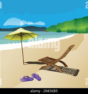 Strand, Sonnenschein, Sand, Wellen, Liegestuhl, Sandalen und Sonnenschirm - abstraktes, farbenfrohes Sommerferienkonzept Stock Vektor