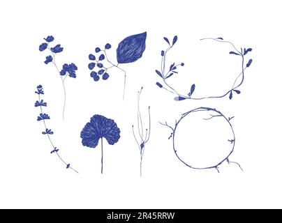 Silhouetten von Leaves und Zweigen werden auf weißem Hintergrund gezeichnet Stock Vektor