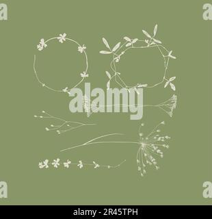 Äste Blätter und Blumen Silhouetten zeichnen auf grünem Hintergrund Stock Vektor
