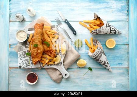 Traditionelles Fish and Chips zum Mitnehmen in einer Zeitung Stockfoto