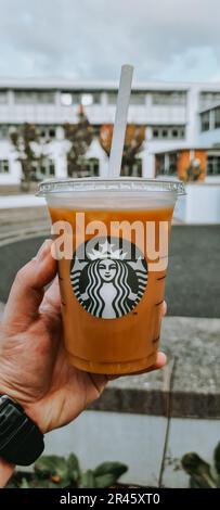 Eine vertikale Aufnahme einer Hand mit einem Starbucks Eiskaffee Stockfoto