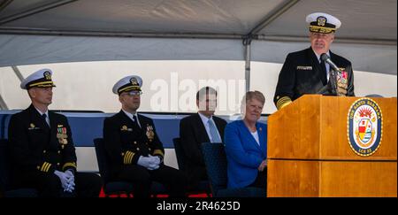 Die Inbetriebnahme der USS Santa Barbara (LCS 32) fand am 1. April 2023 auf dem Marinestützpunkt Ventura County, Port Hueneme, statt. Stockfoto