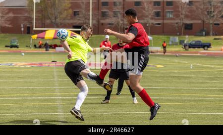 Teilnehmer des Quantico Crossroads Cup, ausgerichtet vom Marine Corps Community Services Quantico, kämpfen um den Fußball während des Fußballturniers 7v7 im Butler Stadium auf der Marine Corps Basis Quantico, Virginia, 1. April 2023. Innermuraler Sport verbessert die individuelle Moral und den Teamgeist und fördert Teamarbeit und Zusammenarbeit durch freundschaftlichen Wettkampf. Stockfoto