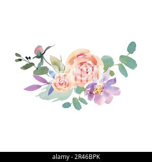 Aquarelle Blüten auf einem isolierten Hintergrund. Handgefertigte Arbeit. Farbenfrohe Illustration. Hochzeit. Anemonen, Pfingstrosen, Rosen, Eukalyptus Stockfoto