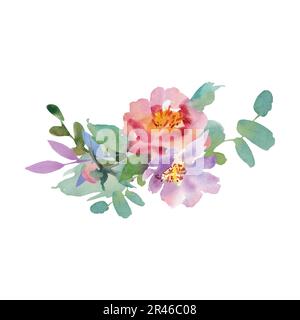 Aquarelle Blüten auf einem isolierten Hintergrund. Handgefertigte Arbeit. Farbenfrohe Illustration. Hochzeit. Anemonen, Pfingstrosen, Rosen, Eukalyptus Stockfoto