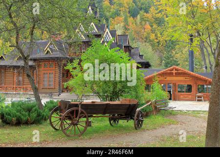 Das Foto wurde in der ukrainischen Stadt Yaremchey aufgenommen. Das Bild zeigt einen alten Wagen im Innenhof des karpatanischen Holzhauses. Stockfoto