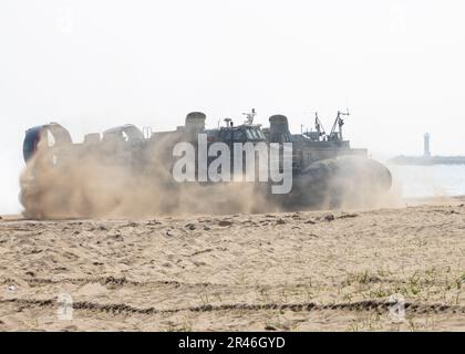 HWAJIN-RI BEACH, Republik Korea (29. März 2023) – USA Navy-Matrosen, die der Angriffsflotteneinheit 5 zugeteilt sind, steuern ein Landungsschiff, Luftkissen am Strand während einer Amphibienübung für Ssang Yong 23. Wir feiern den 70. Jahrestag der USA - ROK-Allianz, Ssang Yong 2023 stärkt die Allianz durch bilaterale, gemeinsame Ausbildung, trägt zur gemeinsamen Verteidigung der koreanischen Halbinsel bei und erhöht die Bereitschaft der USA - ROK-Allianz. Stockfoto