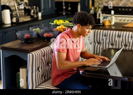 Seitenansicht eines birassischen jungen Mannes mit Dreadlocks, der zu Hause auf einem Laptop arbeitet, Kopierraum Stockfoto