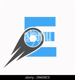Ursprüngliches Kameraobjektiv mit dem Buchstaben E und dem Foto-Logo. Vorlage Für Fotosymbole Stock Vektor