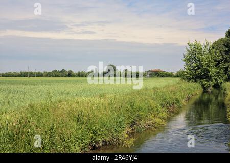 Unbefestigter Pfad neben einem Fluss von Wasser und Feldern an einem sonnigen Tag in der italienischen Landschaft Stockfoto