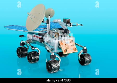 Planetenrover auf blauem Hintergrund, 3D-Rendering Stockfoto