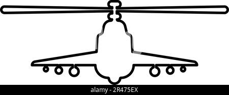 Kampfhubschrauber Angriff Militärkonzept Ansicht Kontur-Liniensymbol vorne schwarz Vektor-Illustration dünnes flaches Bild einfach Stock Vektor