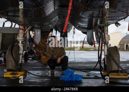 Senior Airman Nick Madson, 18. Equipment Maintenance Squadron Repair and Reclamation Journeyman, untersucht Systemfunktionen auf einem F-15D Eagle auf dem Luftwaffenstützpunkt Kadena, Japan, 25. Januar 2023. Flugzeuge des 18. EMS führen Wartungsarbeiten durch, um die Funktionalität der Flugzeuge in Kadena sicherzustellen. Stockfoto