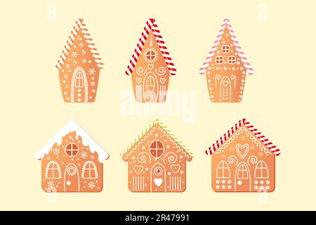 Eine Reihe von Bäckereien. Weihnachten Lebkuchen. Kekse in Form von Häusern mit Süßigkeiten. weihnachtsbonbons und Geschenke. Gestreifte Lutscher. stre Stock Vektor