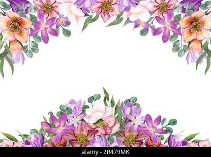 Ungewöhnlicher Blumenrahmen mit wasserfarbenen Hellebores, Krokussen, Eukalyptus isoliert auf weißem Hintergrund. Botanisches Bild für Postkartendesign Stockfoto