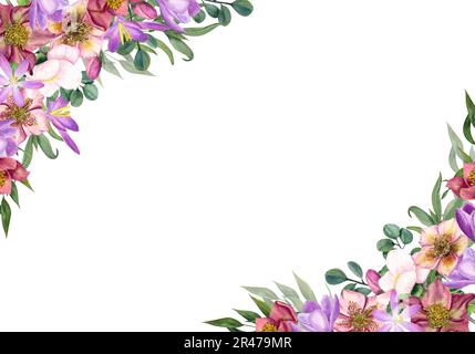 Rechteckiger Blumenrahmen mit wasserfarbenen Hellebores, Krokussen und Eukalyptus, isoliert auf weißem Hintergrund. Botanisches Bild für Postkartendesign Stockfoto