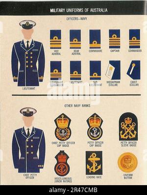 Uniformen der sieben Alliierten SEATO 1967 PAM 360-527 06 AUSTRALIA NAVY OFFICERS ANDERE RÄNGE Militär Abzeichen Abzeichen Caps Tuniken US Dep of Defense Stockfoto