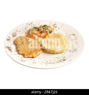 Teller mit gehacktem Fleisch, gebacken mit Buchweizen und Kohlsalat auf einem Teller, isoliert auf weiß. Foto für das Menü Stockfoto
