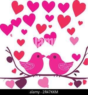 Die Vektordatei „Two Birds of Love with Hearts“ zum Valentinstag ist ein entzückendes und romantisches Design, das den Geist der Liebe und des Blutes verkörpert Stock Vektor