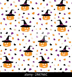 Abstraktes nahtloses Muster eines lächelnden Halloween-Kürbiss mit Hexenhut und Herzen in trendigen Farben. Isolieren. Design für Verpackung, Poster, Banner Stock Vektor