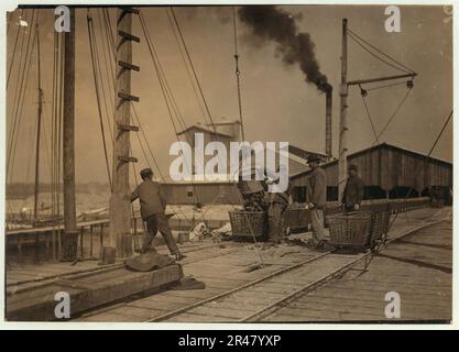 Austern am Dock ausladen. Alabama Canning Co., Stockfoto