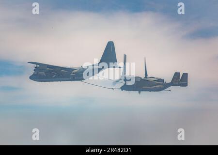 AUF SEE, KOREA STRAIT (30. MÄRZ 2023) – USA Marine Corps MV-22B Osprey Piloten mit Marine Medium Tiltrotor Squadron (VMM) 362 (sein.), 13. Marine Expeditionary Unit, erhalten Treibstoff während des Fluges von einem Marine Corps KC-130J Super Hercules, 30. März 2023. Die 13. MEU wird von der Makin Island Amphibious Ready Group gestartet, die aus dem Amphibienschiff USS Makin Island (LHD 8) und den Amphibienschiffen USS John P. Murtha (LPD 26) und USS Anchorage (LPD 23) besteht und im US-Flottengebiet 7. operiert. 7. Fleet sind die USA Die größte Anzahl an vorwärts eingesetzten Soldaten der Navy Stockfoto