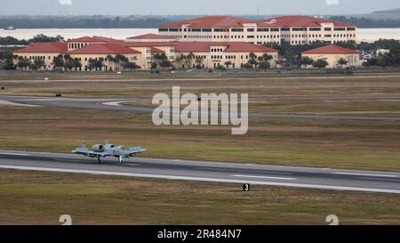 Ein A-10 Thunderbolt II-Flugzeug, das dem 122. Fighter Wing, Fort Wayne Air National Guard Base, Indiana, zugewiesen ist, landet am MacDill Air Force Base, Florida, 31. Januar 2023. Flugzeuge, die dem 122. Kampfflügel zugeteilt wurden, nutzten MacDill AFB als temporären Einsatzort während der Operation Guardian Blitz 2023, einer Übung, die sich auf Agile Combat Beschäftigungskonzepte und Manövrierfähigkeit konzentrierte. Stockfoto