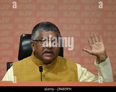 Neu-Delhi, Indien. 26. Mai 2023. NEW DELHI, INDIEN – MAI 26: Senior BJP Leader Ravi Shankar Prasad spricht am 26. Mai 2023 in Neu-Delhi, Indien, vor Medienmitarbeitern in der BJP-Zentrale der DDU Marg. (Foto: Vipin Kumar/Hindustan Times/Sipa USA) Guthaben: SIPA USA/Alamy Live News Stockfoto